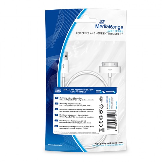 Καλώδιο MediaRange Charge and sync, USB 2.0 to Apple Dock® (30-pin) plug, 1.0m, white (MRCS181)