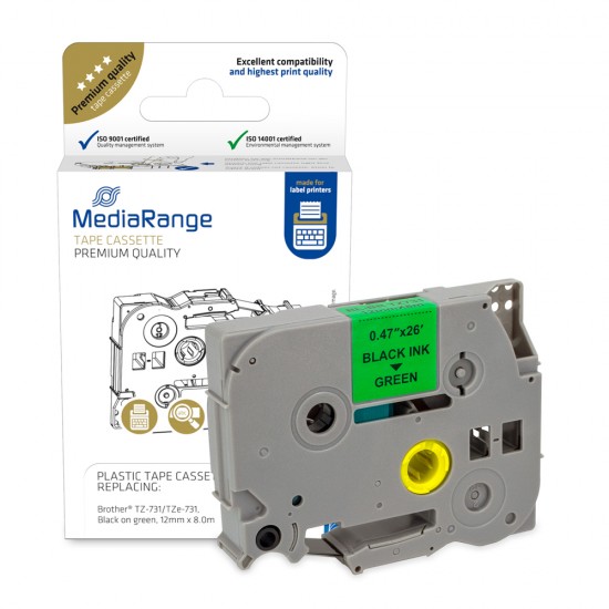 Πλαστική Ταινία Ετικετογράφου MediaRange (Brother TZ-731/TZe-731) 12 mm x 8 m (Μαύρα Γράμματα σε Πράσινο Φόντο) (MRBTZ731) Πλαστική Ταινία Ετικετογράφου MediaRange (Brother TZ-731/TZe-731) 12 mm x 8 m (Μαύρα Γράμματα σε Πράσινο Φόντο) (MRBTZ731)