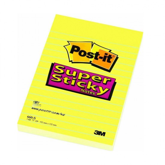 Αυτοκόλλητα Χαρτάκια 3M Post-it Lined 102 x 152 mm (Κίτρινα Ριγέ) (90 Φύλλα) (660-S) (MMM660-S)