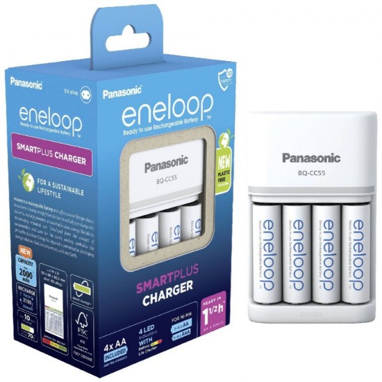 Panasonic Eneloop Smartplus BQ-CC55E Φορτιστής 4 Μπαταριών Ni-MH Μεγέθους AA/AAA Σετ με 4x AA 2000mAh Λευκό (37847519) (PAN37847519) Panasonic Eneloop Smartplus BQ-CC55E Φορτιστής 4 Μπαταριών Ni-MH Μεγέθους AA/AAA Σετ με 4x AA 2000mAh Λευκό (37847519) (PAN37847519)