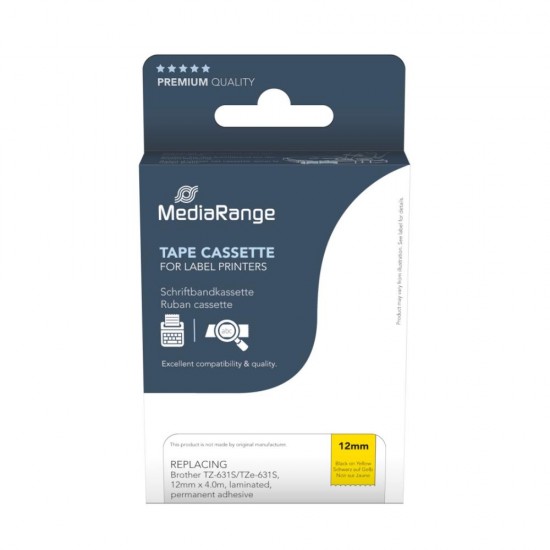 MediaRange Plastic Tape Cassette For Label Printers Using Brother TZ-631s/TZe-631s 12mm 4m Laminated Black On Yellow (MRBTZ631S) MediaRange Plastic Tape Cassette For Label Printers Using Brother TZ-631s/TZe-631s 12mm 4m Laminated Black On Yellow (MRBTZ631S)