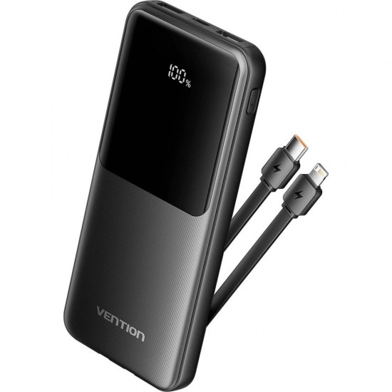 VENTION 10.000mAh Power Bank (Micro-USB + USB-C + USB-A + USB-A) with Built-In Type-C and Lightning Cables 22.5W Black Led Display Type (FHOB0) (VENFHOB0) VENTION 10.000mAh Power Bank (Micro-USB + USB-C + USB-A + USB-A) with Built-In Type-C and Lightning Cables 22.5W Black Led Display Type (FHOB0) (VENFHOB0)