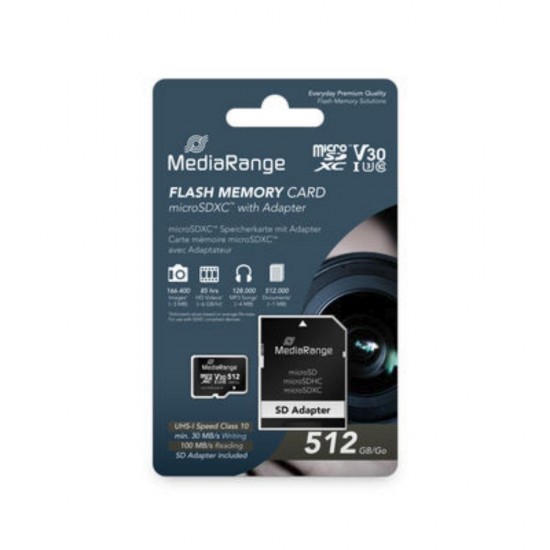 MediaRange microSDXC memory card, UHS-1 | Class 10, with SD adapter, 512GB (MR947) MediaRange microSDXC memory card, UHS-1 | Class 10, with SD adapter, 512GB (MR947)