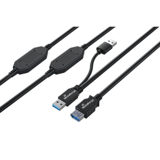MediaRange Active USB Extension Cable, 2x USB-A Plug to 1x USB-A Socket, 2x Repeater, USB 3.0, 5 Gbps Data Transfer Rate, 15m, Black (MRCS244) MediaRange Active USB Extension Cable, 2x USB-A Plug to 1x USB-A Socket, 2x Repeater, USB 3.0, 5 Gbps Data Transfer Rate, 15m, Black (MRCS244)