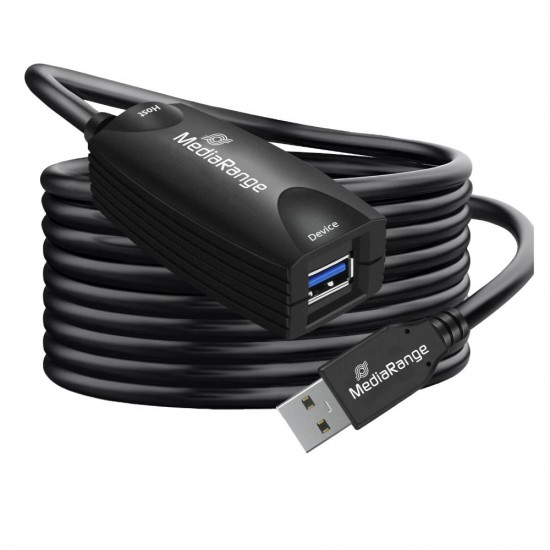MediaRange Active USB Extension Cable, USB-A Plug to USB-A Socket, 1x Repeater, USB 3.0, 5 Gbps Data Transfer Rate, 5m, Black (MRCS242) MediaRange Active USB Extension Cable, USB-A Plug to USB-A Socket, 1x Repeater, USB 3.0, 5 Gbps Data Transfer Rate, 5m, Black (MRCS242)