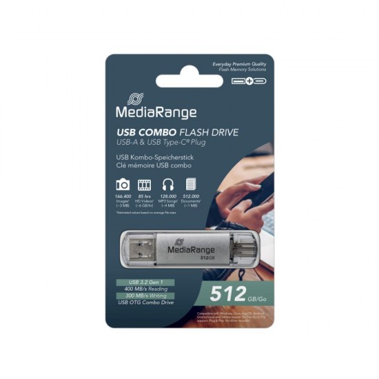 MediaRange USB 3.2 Gen 1 Combo Flash Memory Drive with USB-A and USB-C®, with Protective Caps, Silver, 512GB (MR940-1) MediaRange USB 3.2 Gen 1 Combo Flash Memory Drive with USB-A and USB-C®, with Protective Caps, Silver, 512GB (MR940-1)