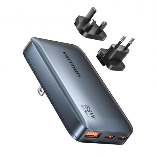 VENTION 3-Port USB (C + C + A) GaN Charger (65W/65W/18W) Gray Ultra-Slim Type (FCBH0) (VENFCBH0)