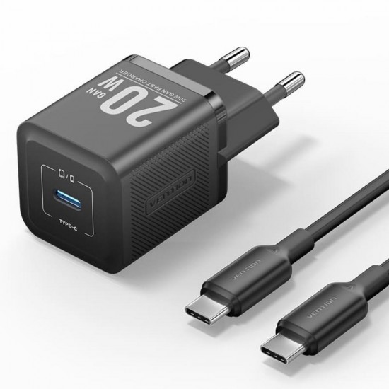 VENTION 1-Port USB-C GaN Charger (20W) with USB-C to Lightning Cable (1M) EU-Plug Black (TZ-FEPB0-EU-02) (VENTZ-FEPB0-EU-02)