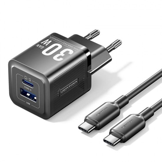 VENTION 2-Port USB (C + A) GaN Charger (30W/30W) with 3A USB-C to USB-C Cable (1M) EU-Plug Black (TZ-FCEB0-EU) (VENTZ-FCEB0-EU)