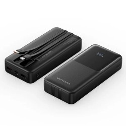 VENTION 20000mAh Power Bank (Micro-USB + USB-C + USB-A/USB-A) with Built-in USB-C and Lightning Cables 22.5W Black LED Display Universal Type (FHPB0-TY) (VENFHPB0-TY)