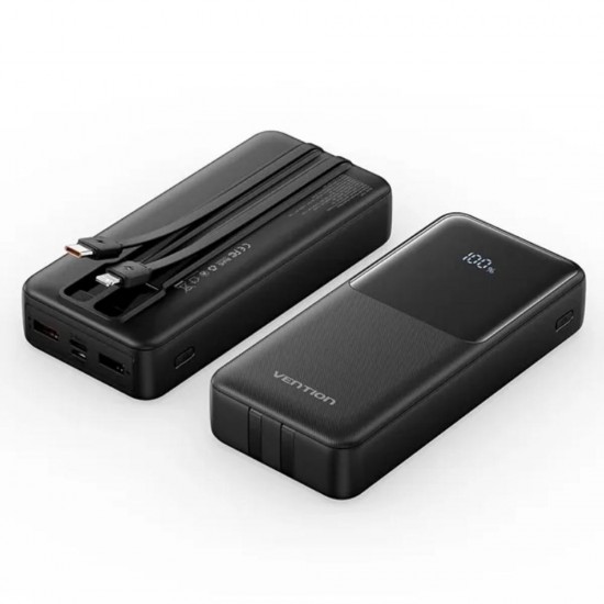 VENTION 20000mAh Power Bank (Micro-USB + USB-C + USB-A/USB-A) with Built-in USB-C and Lightning Cables 22.5W Black LED Display Universal Type (FHPB0-TY) (VENFHPB0-TY)