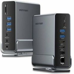 VENTION USB-C to DP/HDMI x 2/USB 3.2 Gen 2 Type-C/USB 3.2 Gen 2 Type-A x 2/USB 3.2 Gen 1 Type-C/USB 3.0/USB 2.0 x 2/RJ45/SD/TF/3.5mm TRRS/PD MST Docking Station Gray Vertical Aluminum Alloy Type (TPUH0) (VENTPUH0)