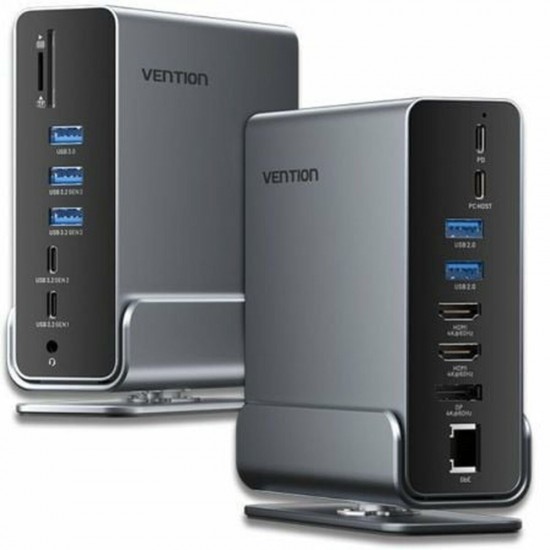 VENTION USB-C to DP/HDMI x 2/USB 3.2 Gen 2 Type-C/USB 3.2 Gen 2 Type-A x 2/USB 3.2 Gen 1 Type-C/USB 3.0/USB 2.0 x 2/RJ45/SD/TF/3.5mm TRRS/PD MST Docking Station Gray Vertical Aluminum Alloy Type (TPUH0) (VENTPUH0)
