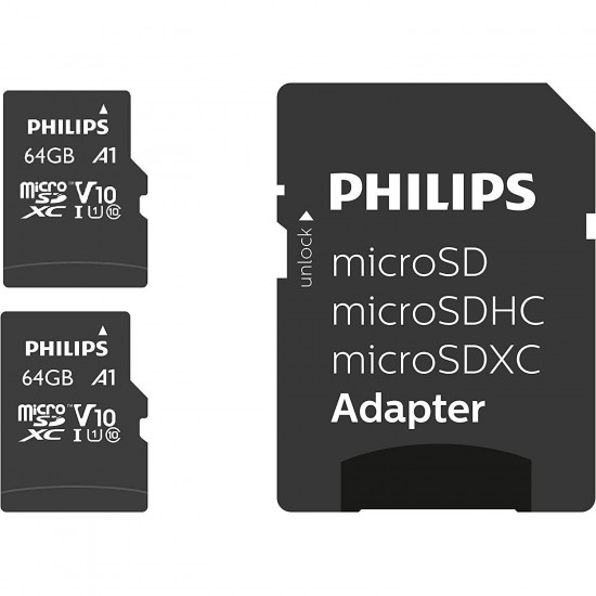 PHILIPS MicroSDXC Card 64GB Class 10 UHS-I U1 2-Pack with Adapter (FM64MP45D/00) (PHIFM64MP45D-00)