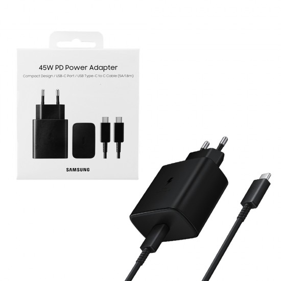 TRAVEL SAMSUNG EP-T4510XBEGEU TYPE C 5V 3A/9V 2.77A/20V 2.25A 45W FAST CHARGE+USB DATA TYPE C TO TYPE C 5A BLACK PACKING OR