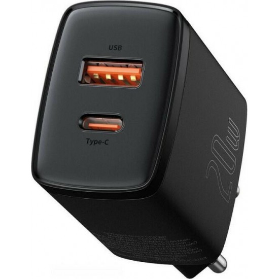 Baseus CCXJ-B01 Wall Adapter USB-A & USB-C 20W Μαύρος Baseus CCXJ-B01 Wall Adapter USB-A & USB-C 20W Μαύρος