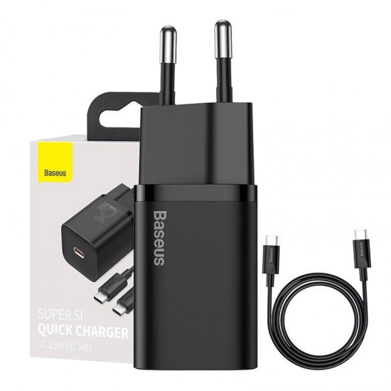 Baseus Φορτιστής Super Si 1C 25W με Καλώδιο USB-C και Θύρα USB-C 1m Black Baseus Φορτιστής Super Si 1C 25W με Καλώδιο USB-C και Θύρα USB-C 1m Black