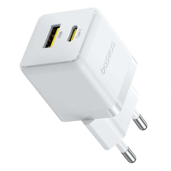 Baseus Palm Φορτιστής με USB-A/USB-C και Καλώδιο USB-C 30W PD/QC 3.0 Λευκός