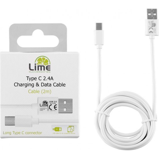 Lime Regular USB 2.0 Cable USB-C male Longer Tip - USB-A male Λευκό 2m