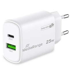 MediaRange Φορτιστής GaN USB-A και Θύρα USB-C 25W Power Delivery Λευκός