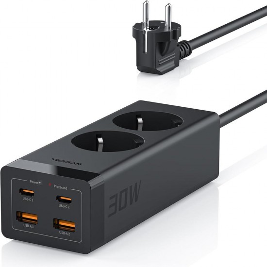 Tessan Πολύπριζο Aσφαλείας 2 Θέσεων με 2 USB-A, 2 USB-C 30W 2m