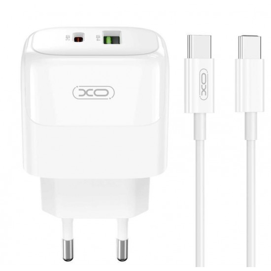 XO Φορτιστής GaN με Θύρα USB-A και Θύρα USB-C και Καλώδιο USB-C - USB-C 30W Power Delivery Λευκός