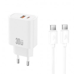 XO Φορτιστής GaN USB-A και USB-C και Καλώδιο USB-C - USB-C 30W Quick Charge 4.0 Λευκός