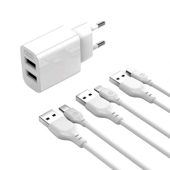 XO Φορτιστής με 2 Θύρες USB-A και Καλώδιο micro USB Λευκός