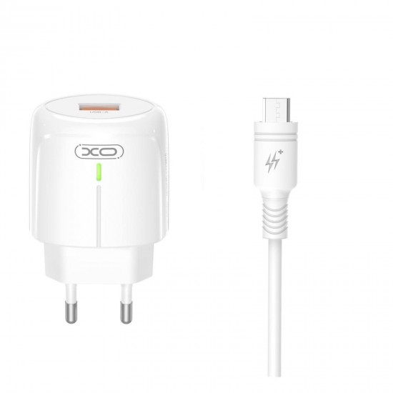 XO Φορτιστής με Θύρα USB-A και Καλώδιο micro USB 18W Λευκός