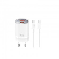 XO Φορτιστής USB-A και USB-C και Καλώδιο USB-C - USB-C 30W Power Delivery Λευκός