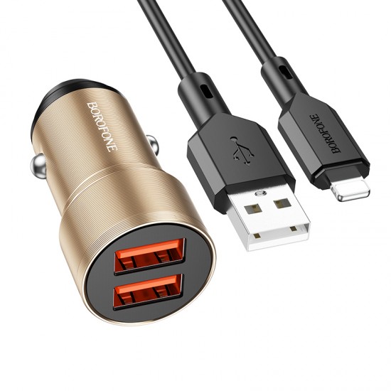 Borofone Car charger BZ19 Wisdom - 2xUSB - 12W with USB to Lightning cable gold Borofone Car charger BZ19 Wisdom - 2xUSB - 12W with USB to Lightning cable gold