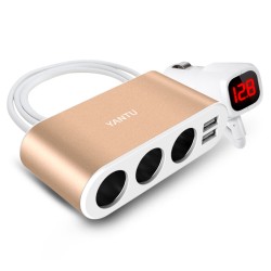 Car Cigarette Lighter Socket Splitter B08 - 3 sockets + 2xUSB - 3,1A 120W with display and cable gold
