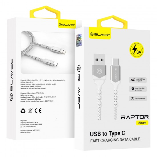 Blavec Cable Raptor braided - USB to Type C - 3A 0,5 meters Apple CarPlay/Android Auto (CRA-UC3WS05) white-silver