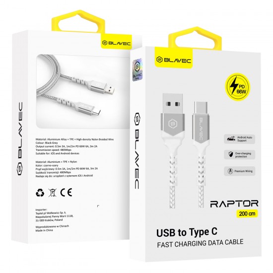 Blavec Cable Raptor braided - USB to Type C - PD 66W 6A 2 metres Apple CarPlay/Android Auto (CRA-UC6WS20) white-silver Blavec Cable Raptor braided - USB to Type C - PD 66W 6A 2 metres Apple CarPlay/Android Auto (CRA-UC6WS20) white-silver