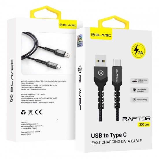 Blavec Cable Raptor braided - USB to Type C - 2A 3 metres Apple CarPlay/Android Auto (CRA-UC2BG30) black-grey