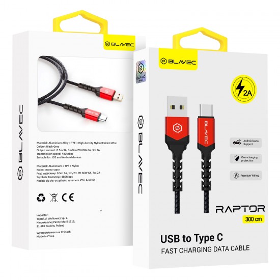 Blavec Cable Raptor braided - USB to Type C - 2A 3 metres Apple CarPlay/Android Auto (CRA-UC2BR30) black-red Blavec Cable Raptor braided - USB to Type C - 2A 3 metres Apple CarPlay/Android Auto (CRA-UC2BR30) black-red