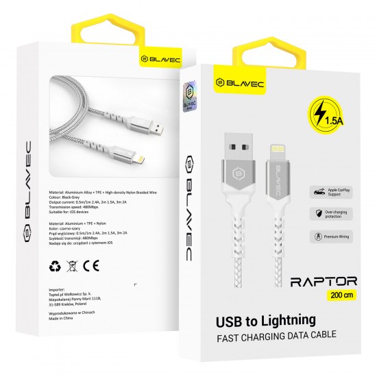 Blavec Cable Raptor braided - USB to Lightning - 1,5A 2 metres Apple CarPlay (CRA-UL15WS20) white-silver Blavec Cable Raptor braided - USB to Lightning - 1,5A 2 metres Apple CarPlay (CRA-UL15WS20) white-silver