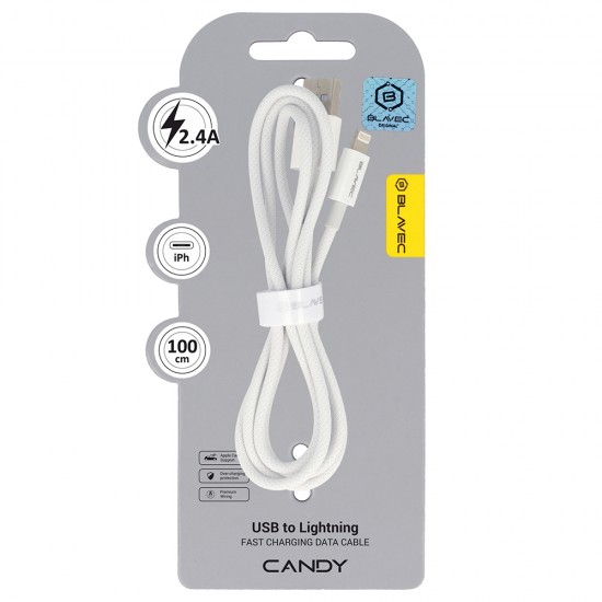 Blavec Cable Candy braided - USB to Lightning - 2,4A 1 metre Apple CarPlay (CCA-UL24W10) white