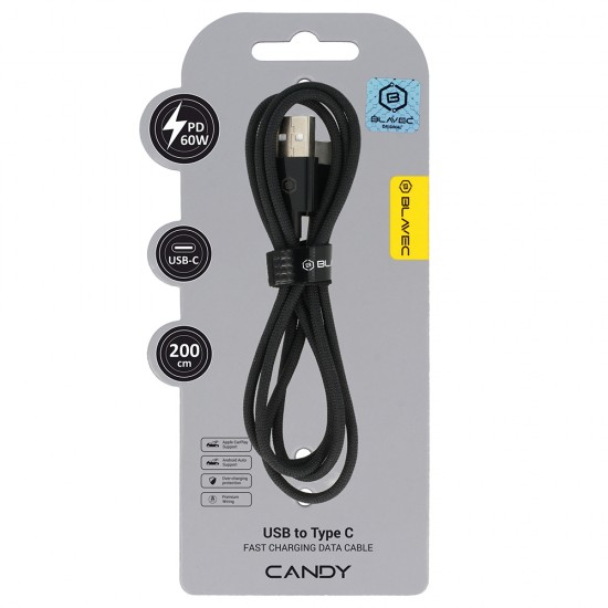 Blavec Cable Candy braided - USB to Type C - PD 60W 3A 2 metres Apple CarPlay/Android Auto (CCA-UC3B20) black Blavec Cable Candy braided - USB to Type C - PD 60W 3A 2 metres Apple CarPlay/Android Auto (CCA-UC3B20) black