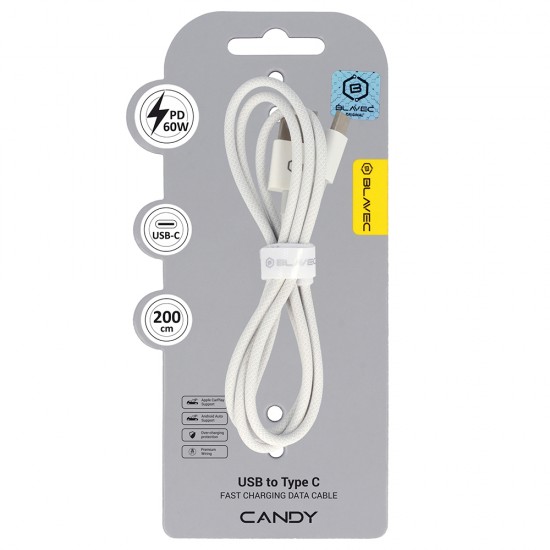 Blavec Cable Candy braided - USB to Type C - PD 60W 3A 2 metres Apple CarPlay/Android Auto (CCA-UC3W20) white Blavec Cable Candy braided - USB to Type C - PD 60W 3A 2 metres Apple CarPlay/Android Auto (CCA-UC3W20) white