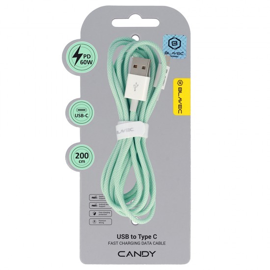 Blavec Cable Candy braided - USB to Type C - PD 60W 3A 2 metres Apple CarPlay/Android Auto (CCA-UC3GN20) green Blavec Cable Candy braided - USB to Type C - PD 60W 3A 2 metres Apple CarPlay/Android Auto (CCA-UC3GN20) green