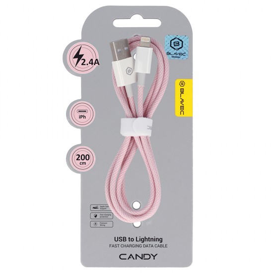 Blavec Cable Candy braided - USB to Lightning - 2,4A 2 metres Apple CarPlay (CCA-UL24P20) pink