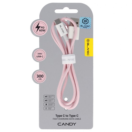 Blavec Cable Candy braided - USB to Type C - PD 60W 3A 3 metres Apple CarPlay/Android Auto (CCA-UC3P30) pink