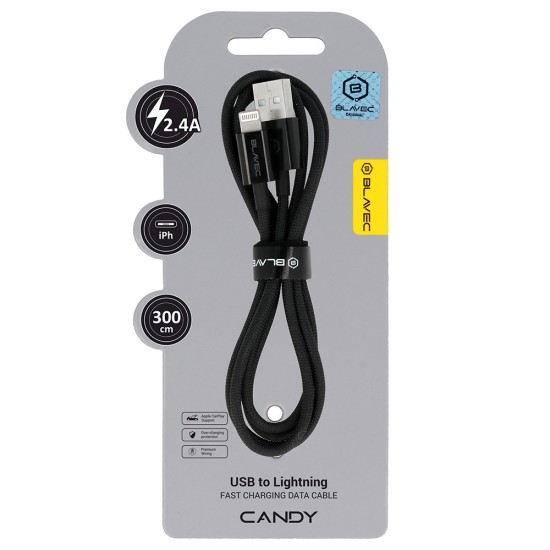 Blavec Cable Candy braided - USB to Lightning - 2,4A 3 metres Apple CarPlay (CCA-UL24B30) black